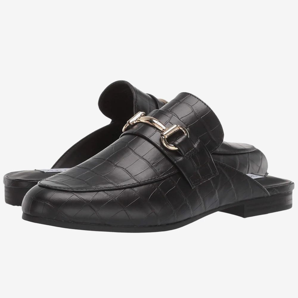 Steve Madden Black Croc-Embossed Leather Backless Loafers with Gold Hardware